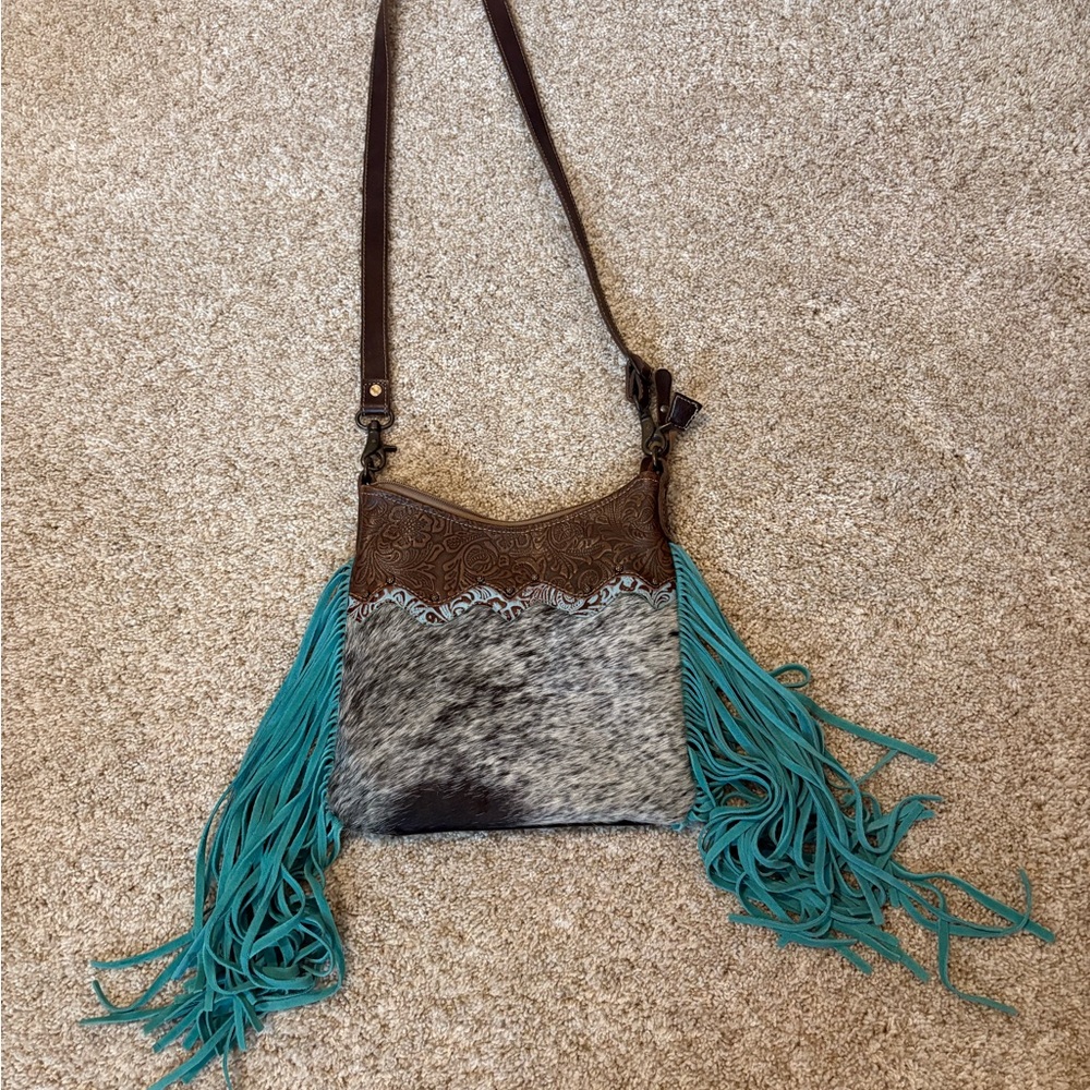 Brown and Teal Fringe Crossbody Bag